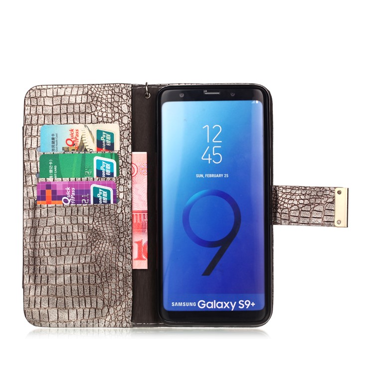 For Samsung Galaxy S9+ G965 Crocodile Texture PU Leather Wallet Stand Shell - Light Grey-3