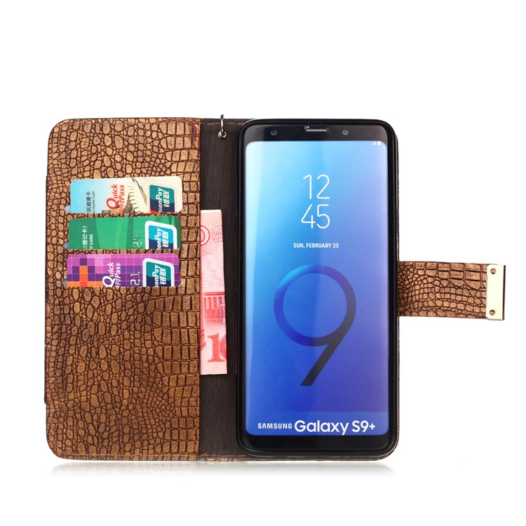 For Samsung Galaxy S9+ G965 Crocodile Texture PU Leather Wallet Stand Case Accessory - Brown-3
