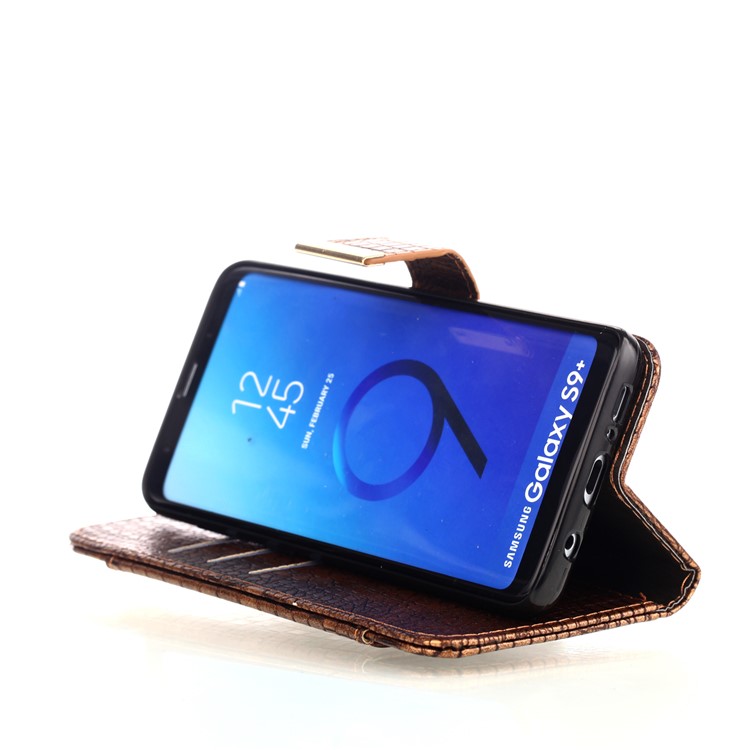 For Samsung Galaxy S9+ G965 Crocodile Texture PU Leather Wallet Stand Case Accessory - Brown-4