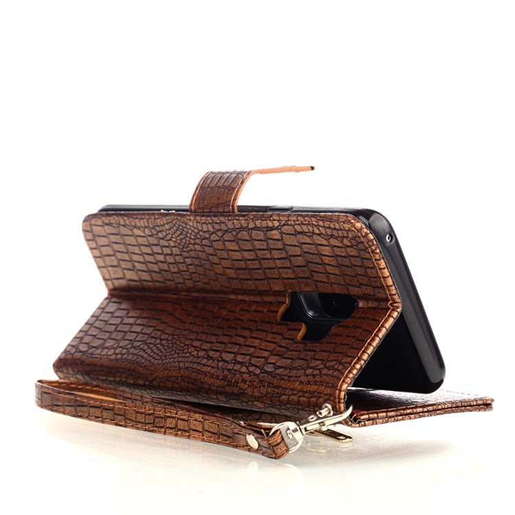 For Samsung Galaxy S9+ G965 Crocodile Texture PU Leather Wallet Stand Case Accessory - Brown-5