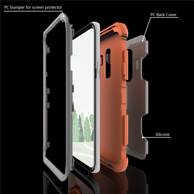 For Samsung Galaxy S9 G960 Heavy Duty 3-piece PC + Silicone Drop-proof Hybrid Back Case - Orange / Grey-3
