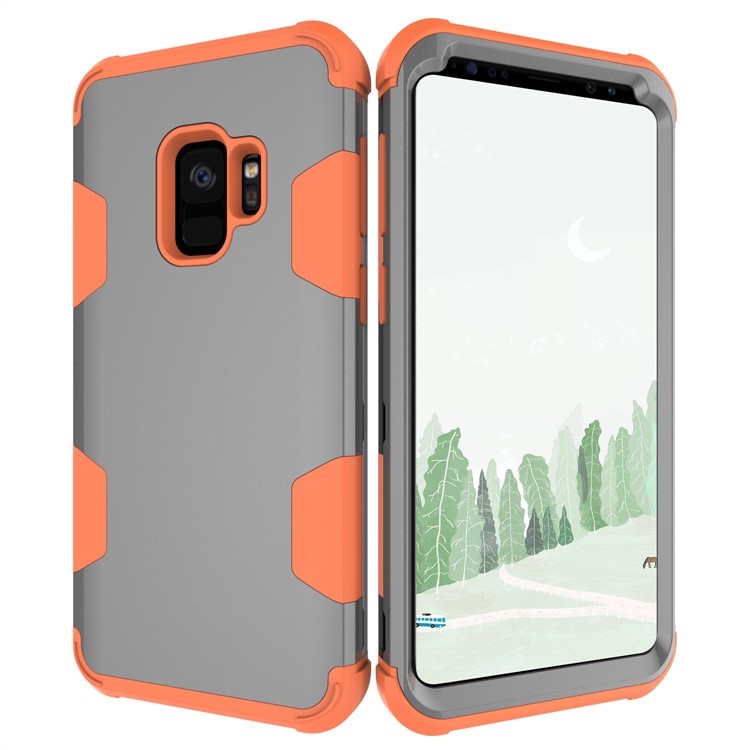 For Samsung Galaxy S9 G960 Heavy Duty 3-piece PC + Silicone Drop-proof Hybrid Back Case - Orange / Grey-6