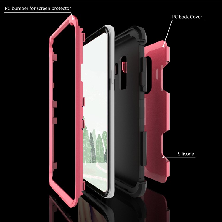 For Samsung Galaxy S9 G960 Heavy Duty 3-piece PC + Silicone Drop-proof Hybrid Phone Casing - Black / Rose-7
