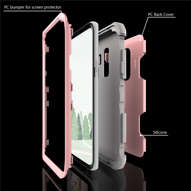 For Samsung Galaxy S9 G960 Heavy Duty 3-piece PC + Silicone Drop-proof Hybrid Mobile Cover - Grey / Rose Gold-3