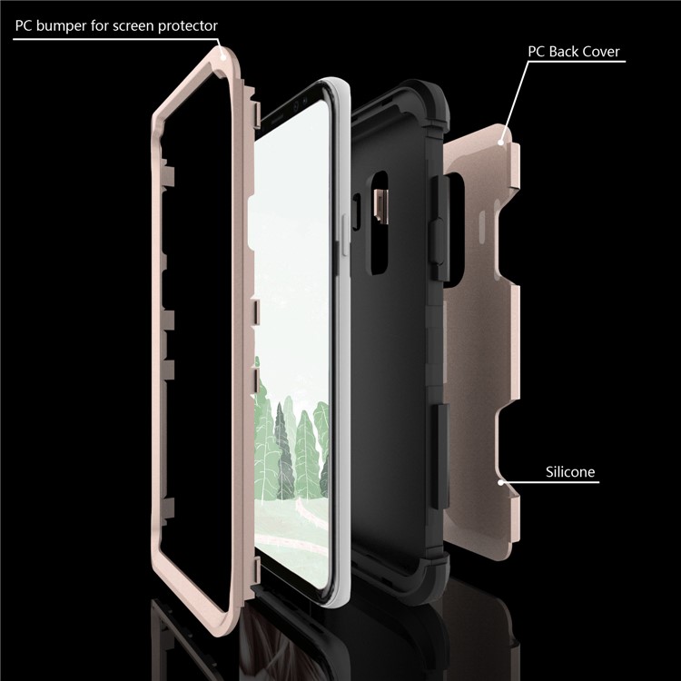 For Samsung Galaxy S9 G960 Heavy Duty 3-piece PC + Silicone Drop-proof Mobile Shell - Black / Gold-3