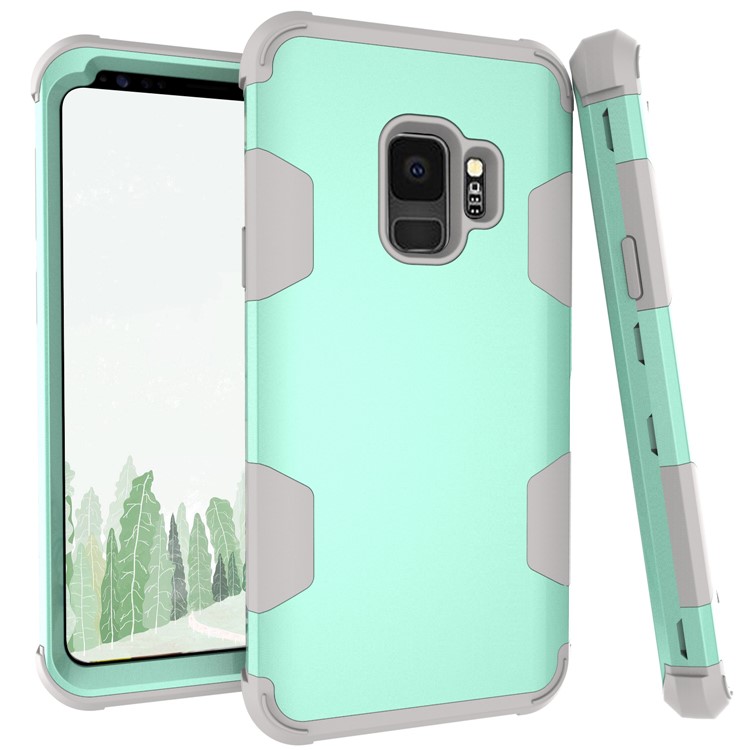For Samsung Galaxy S9 G960 Heavy Duty 3-piece PC + Silicone Drop-proof Hybrid Phone Accessory Case - Grey / Cyan-1