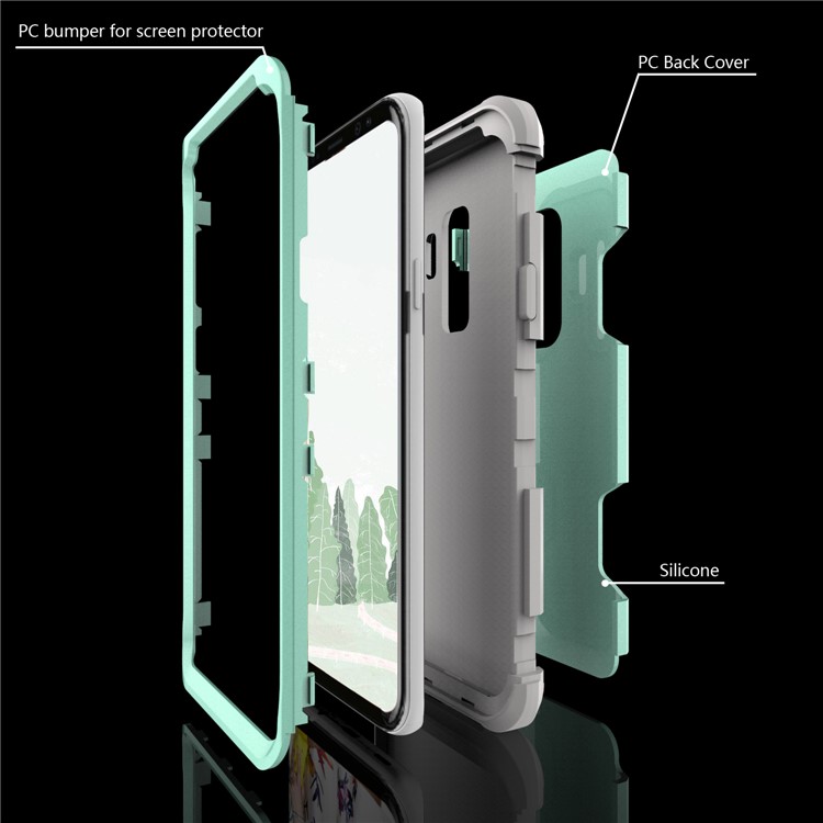 For Samsung Galaxy S9 G960 Heavy Duty 3-piece PC + Silicone Drop-proof Hybrid Phone Accessory Case - Grey / Cyan-4