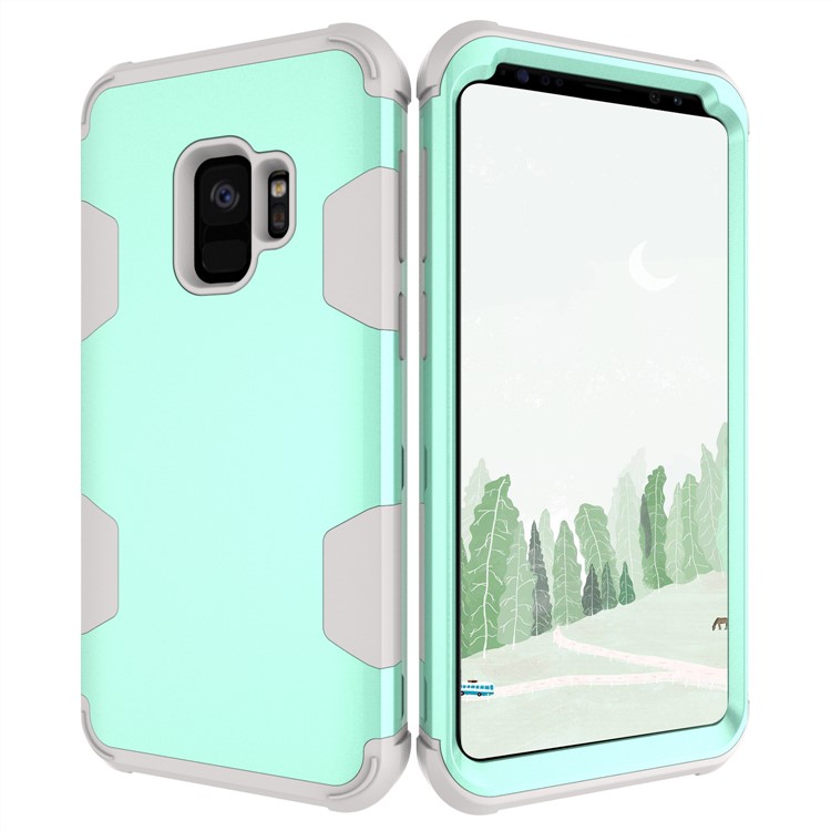 For Samsung Galaxy S9 G960 Heavy Duty 3-piece PC + Silicone Drop-proof Hybrid Phone Accessory Case - Grey / Cyan-7