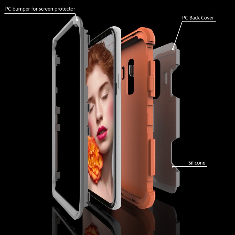 For Samsung Galaxy S9 Plus SM-G965 Heavy Duty 3-piece PC + Silicone Shock-proof Hybrid Back Case - Orange / Grey-3