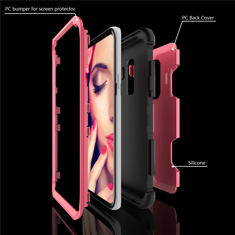 For Samsung Galaxy S9 Plus SM-G965 Heavy Duty 3-piece PC + Silicone Drop-proof Hybrid Casing - Black / Rose-3