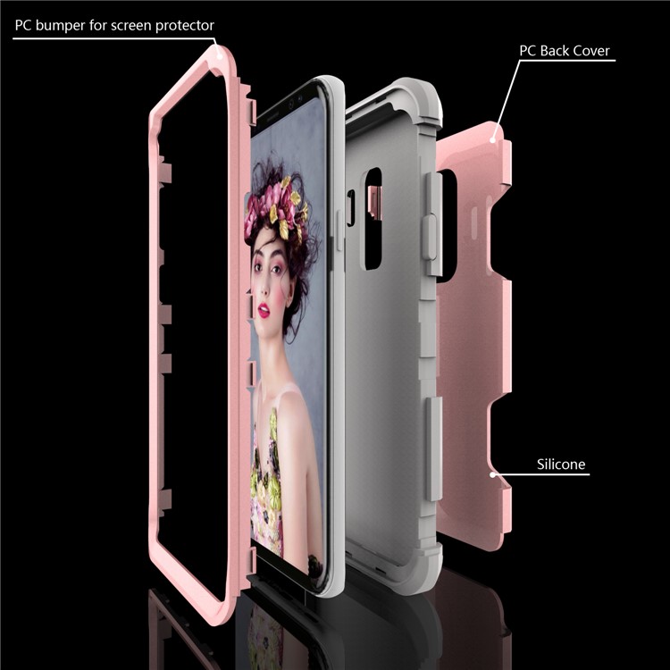 For Samsung Galaxy S9 Plus SM-G965 Heavy Duty 3-piece PC + Silicone Drop-proof Hybrid Mobile Case - Grey / Rose Gold-3