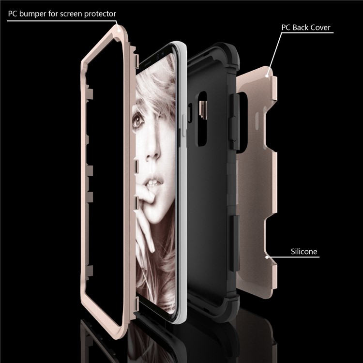 For Samsung Galaxy S9 Plus SM-G965 Heavy Duty 3-piece PC + Silicone Drop-proof Hybrid Phone Shell - Black / Gold-3