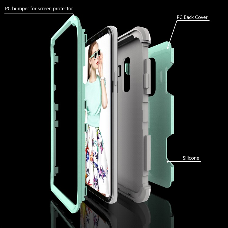 For Samsung Galaxy S9 Plus SM-G965 Heavy Duty 3-piece PC + Silicone Drop-proof Hybrid Mobile Shell - Grey / Cyan-3