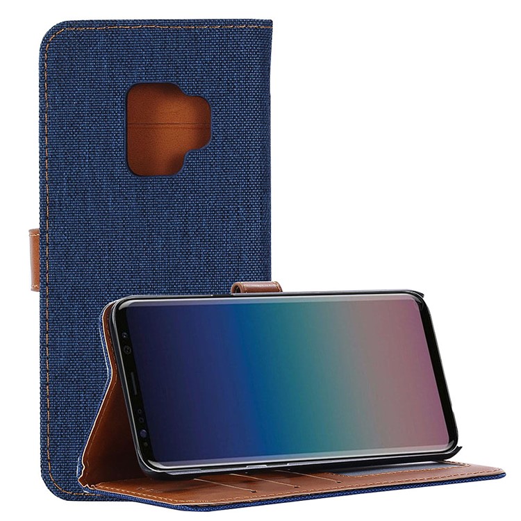 Jeans Cloth Wallet Leather Stand Case for Samsung Galaxy S9 G960 - Dark Blue-13