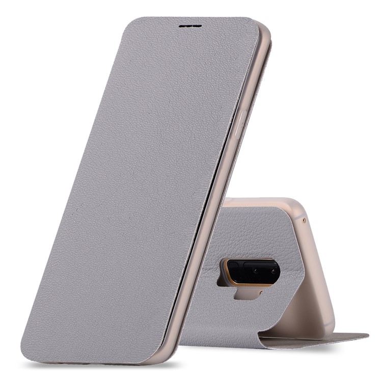 Litchi Texture PU Leather Flip Stand Cover for Samsung Galaxy S9 Plus SM-G965 - Grey-1