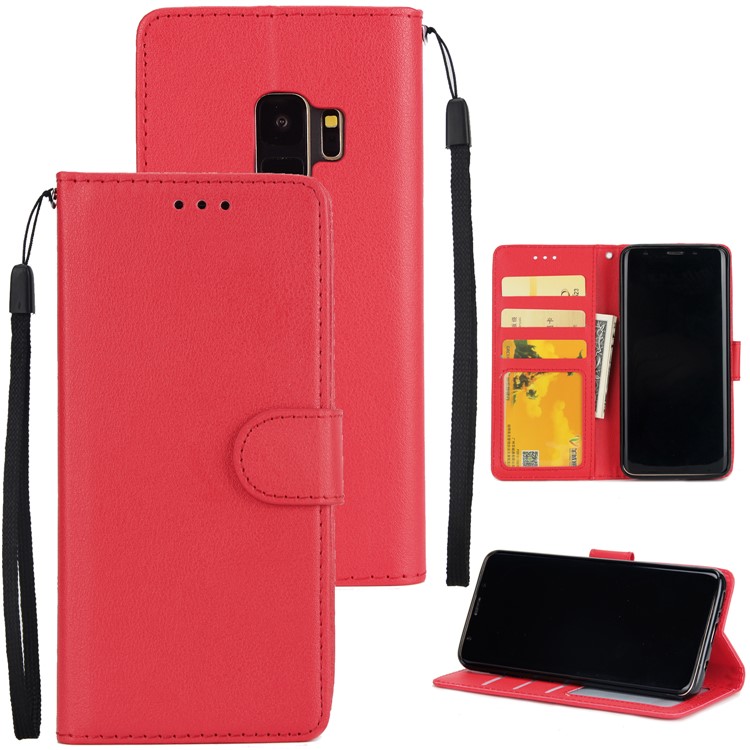 PU Leather Wallet Stand Phone Shell for Samsung Galaxy S9 SM-G960 - Red-1