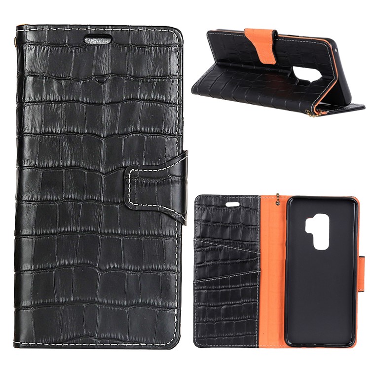 Crocodile Texture Genuine Leather Wallet Stand Case for Samsung Galaxy S9 G960 - Black-1