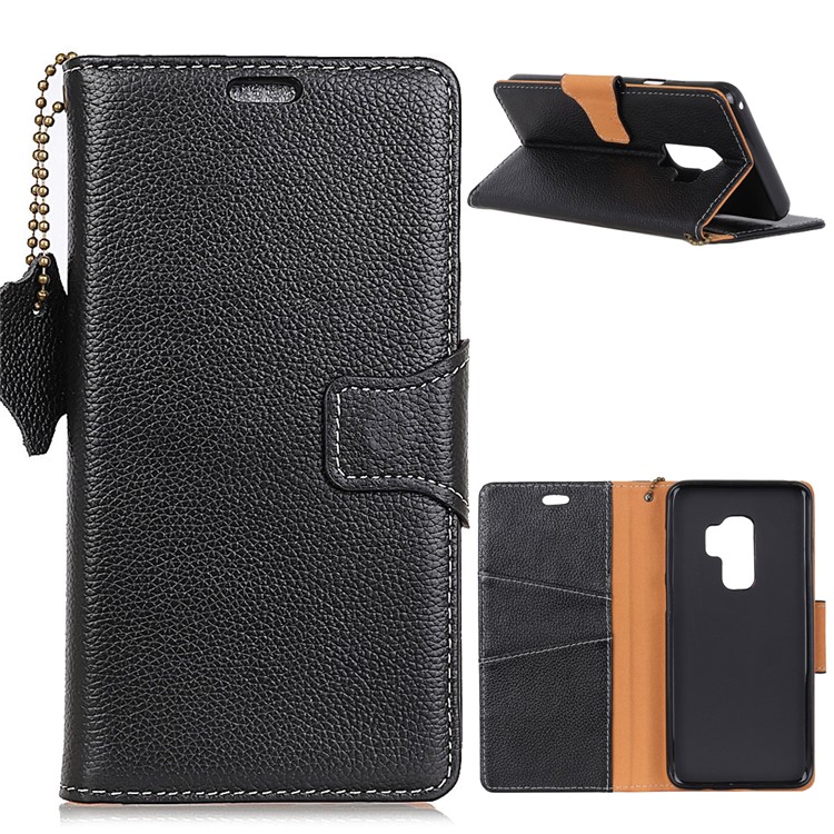 Litchi Grain Genuine Leather Wallet Stand Case for Samsung Galaxy S9 G960 - Black-1