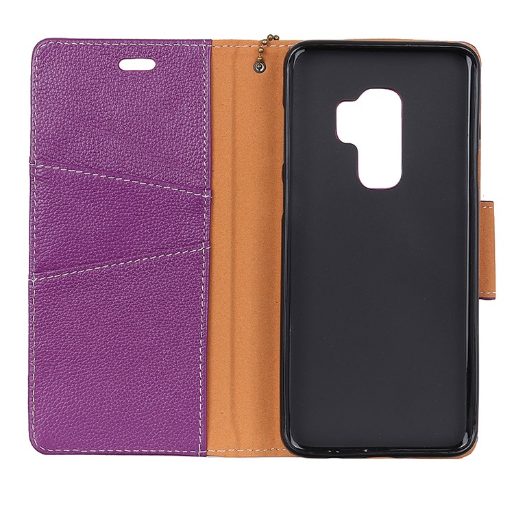 Litchi Grain Genuine Leather Wallet Stand Phone Case for Samsung Galaxy S9 G960 - Purple-3