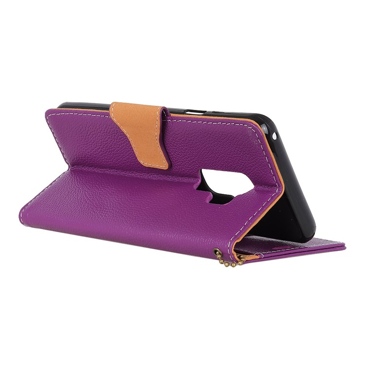 Litchi Grain Genuine Leather Wallet Stand Phone Case for Samsung Galaxy S9 G960 - Purple-4
