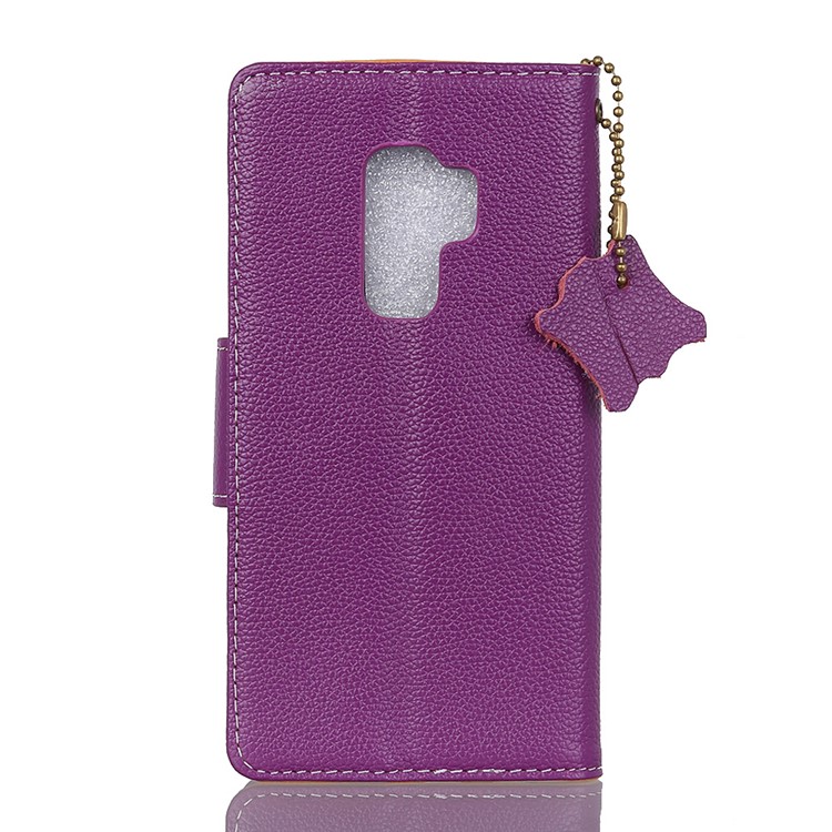 Litchi Grain Genuine Leather Wallet Stand Phone Case for Samsung Galaxy S9 G960 - Purple-5