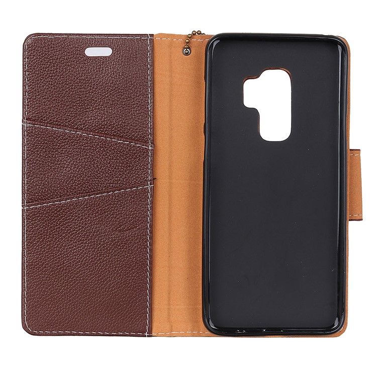 Litchi Grain Genuine Leather Wallet Stand Mobile Casing for Samsung Galaxy S9 G960 - Coffee-3
