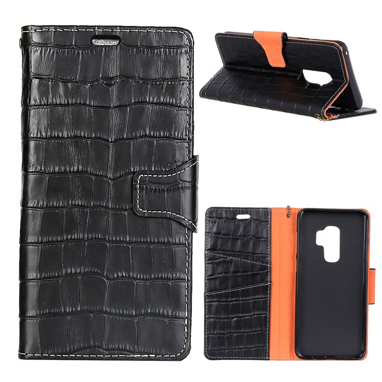 Crocodile Texture Genuine Leather Wallet Stand Case for Samsung Galaxy S9 Plus G965 - Black-1