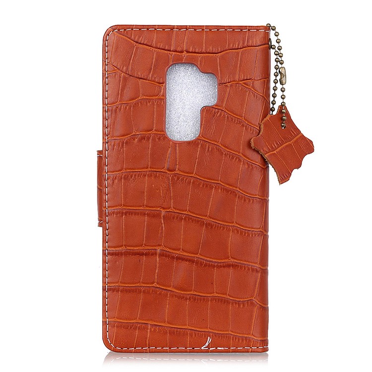 Crocodile Texture Genuine Leather Wallet Stand Folio Cover Accessory for Samsung Galaxy S9 Plus G965 - Brown-3