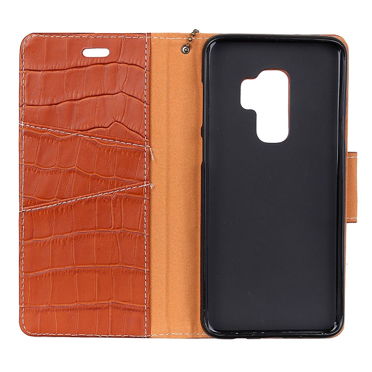 Crocodile Texture Genuine Leather Wallet Stand Folio Cover Accessory for Samsung Galaxy S9 Plus G965 - Brown-4