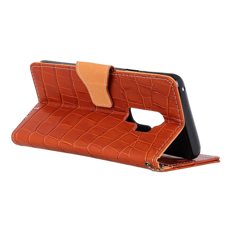 Crocodile Texture Genuine Leather Wallet Stand Folio Cover Accessory for Samsung Galaxy S9 Plus G965 - Brown-5