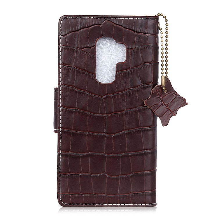 For Samsung Galaxy S9 Plus G965 Crocodile Texture Genuine Leather Wallet Stand Protective Mobile Case - Coffee-4
