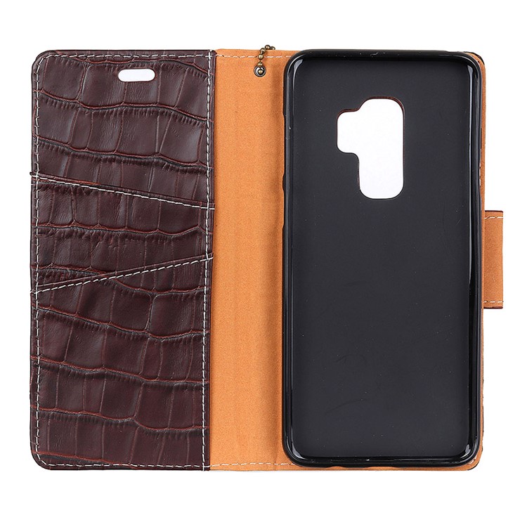 For Samsung Galaxy S9 Plus G965 Crocodile Texture Genuine Leather Wallet Stand Protective Mobile Case - Coffee-5