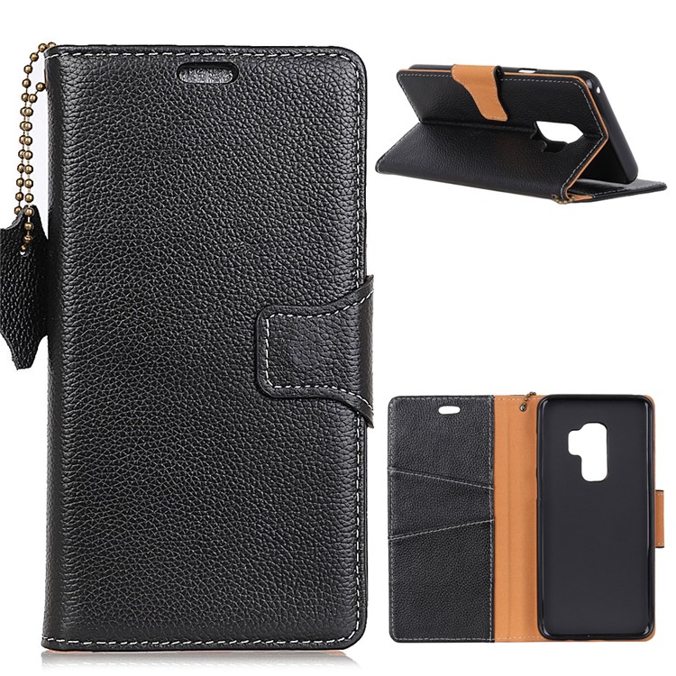 Litchi Skin Genuine Leather Wallet Stand Folio Case for Samsung Galaxy S9+ G965 - Black-1