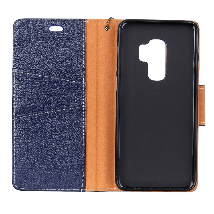 Litchi Skin Genuine Leather Wallet Stand Cover for Samsung Galaxy S9+ G965 - Blue-3