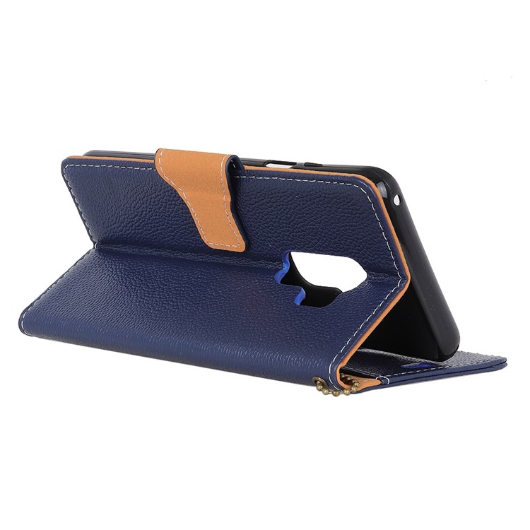 Litchi Skin Genuine Leather Wallet Stand Cover for Samsung Galaxy S9+ G965 - Blue-4