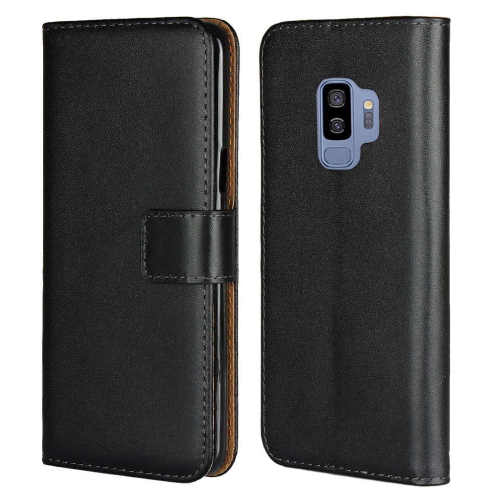 Genuine Split Leather Wallet Stand Phone Case for Samsung Galaxy S9 G960 - Black-1