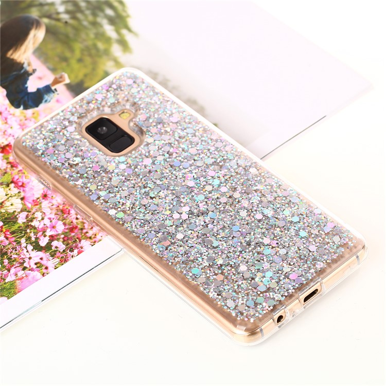 Glitter Sequins Glossy Acrylic + TPU Hybrid Case for Samsung Galaxy A8+ (2018) - Silver-1