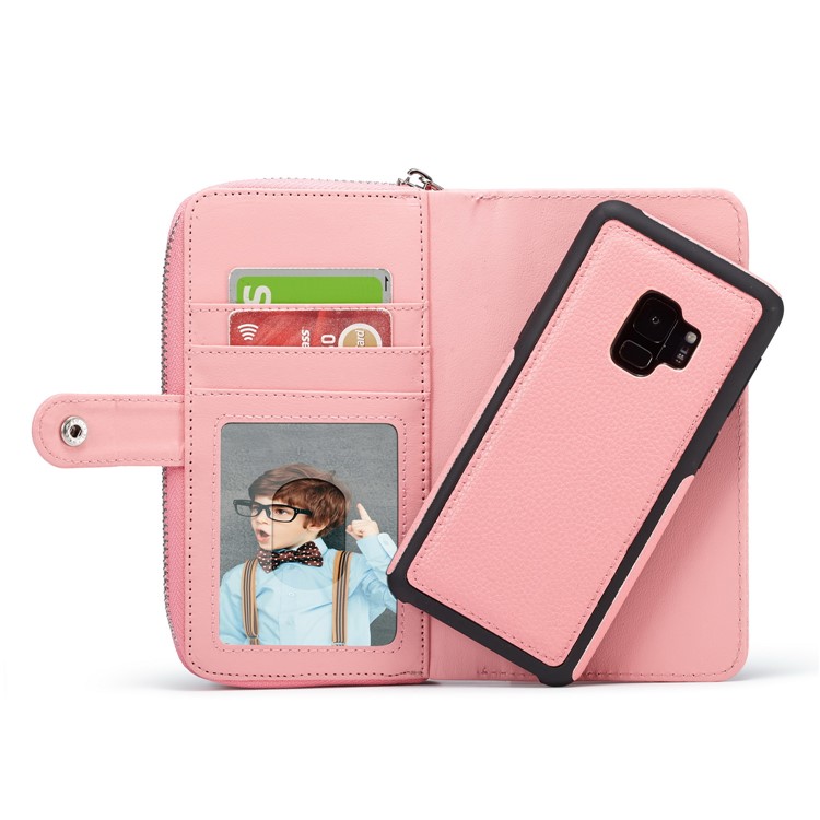 Litchi Texture Leather Wallet Mobile Cover + Detachable Inner PC Cover for Samsung Galaxy S9 G960 - Pink-3