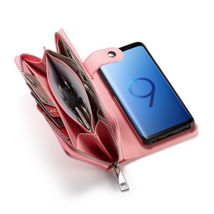 Litchi Texture Leather Wallet Mobile Cover + Detachable Inner PC Cover for Samsung Galaxy S9 G960 - Pink-4