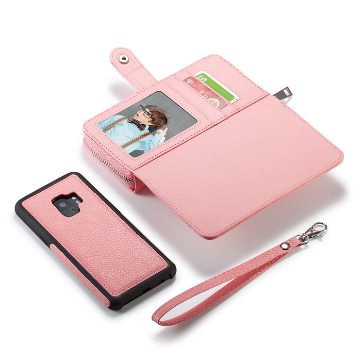Litchi Texture Leather Wallet Mobile Cover + Detachable Inner PC Cover for Samsung Galaxy S9 G960 - Pink-5