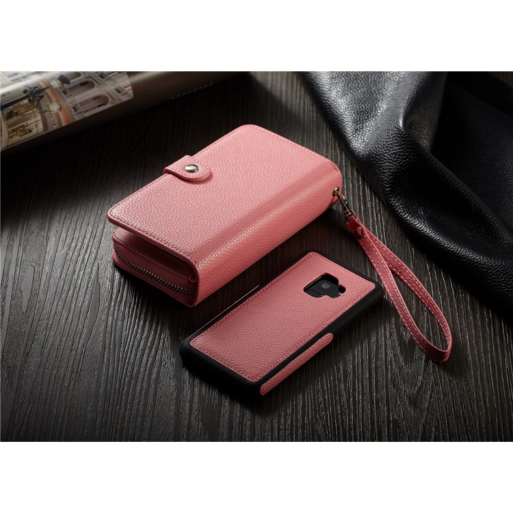 Litchi Texture Leather Wallet Mobile Cover + Detachable Inner PC Cover for Samsung Galaxy S9 G960 - Pink-6