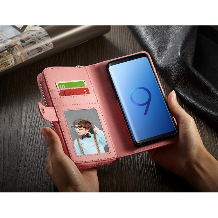 Litchi Texture Leather Wallet Mobile Cover + Detachable Inner PC Cover for Samsung Galaxy S9 G960 - Pink-7