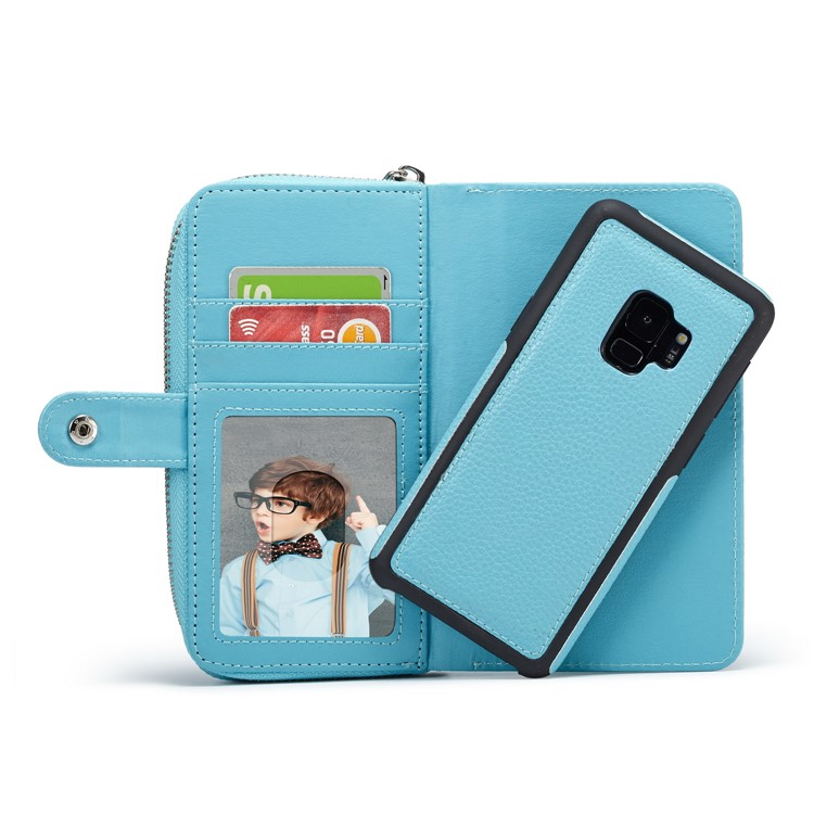 Litchi Texture Leather Wallet Mobile Casing + Detachable Inner PC Shell for Samsung Galaxy S9 G960 - Blue-3