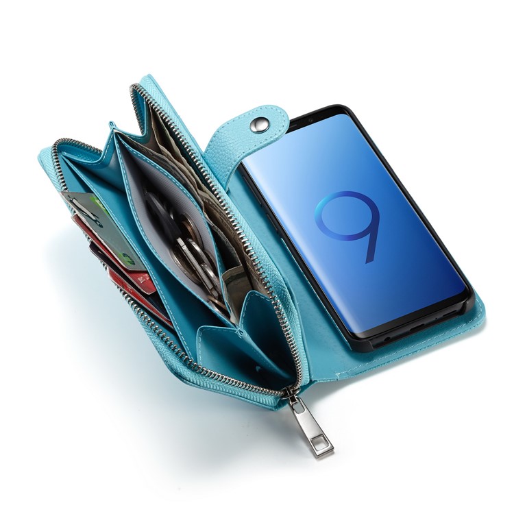 Litchi Texture Leather Wallet Mobile Casing + Detachable Inner PC Shell for Samsung Galaxy S9 G960 - Blue-4