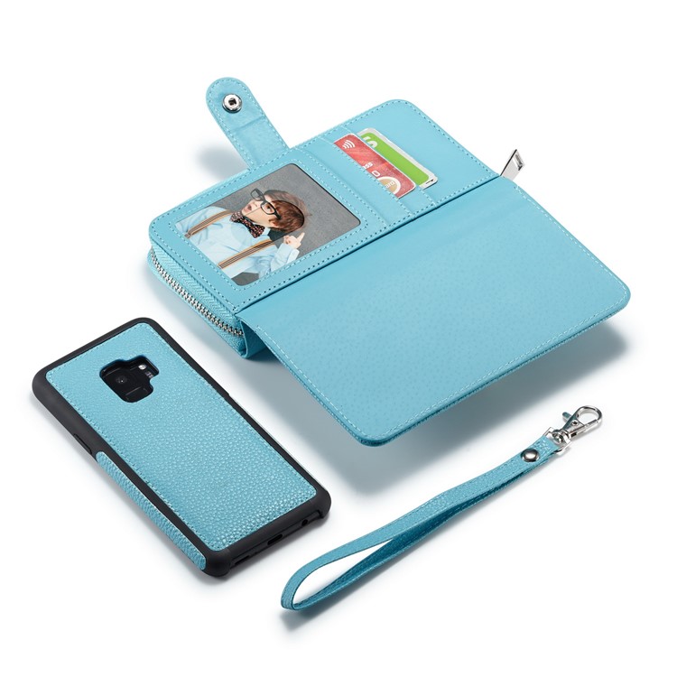 Litchi Texture Leather Wallet Mobile Casing + Detachable Inner PC Shell for Samsung Galaxy S9 G960 - Blue-5
