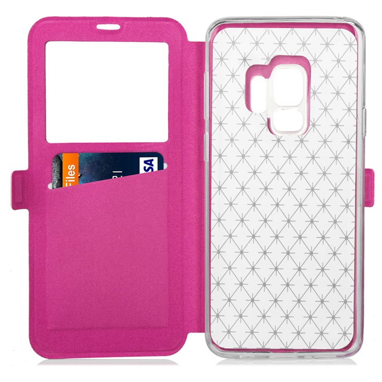 Rhombus Pattern View Window Leather Stand Shell for Samsung Galaxy S9 G960 - Rose-5