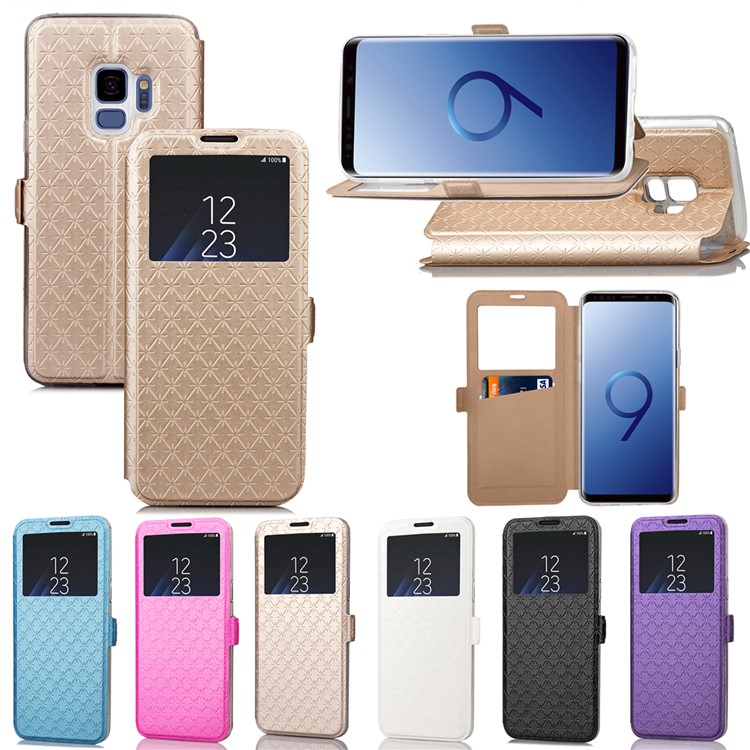 Rhombus Pattern View Window Leather Stand Shell for Samsung Galaxy S9 G960 - Rose-8