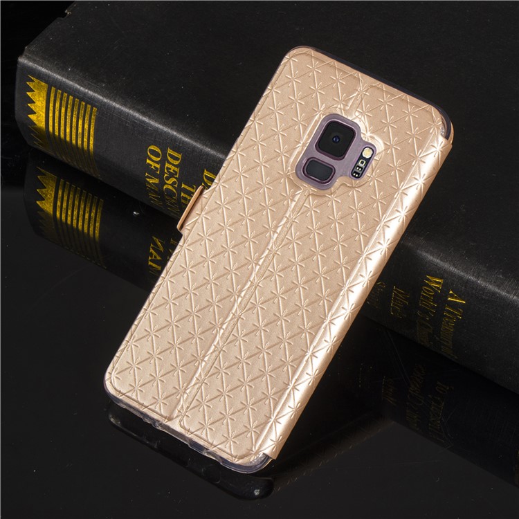 Rhombus Pattern View Window Leather Stand Phone Case for Samsung Galaxy S9 G960 - Gold-10