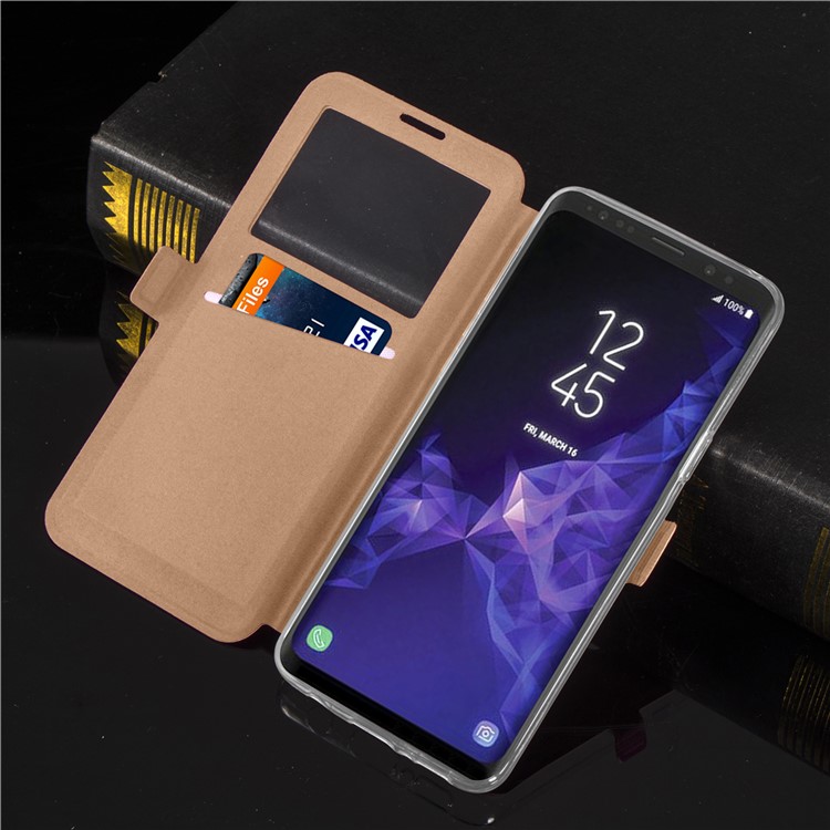 Rhombus Pattern View Window Leather Stand Phone Case for Samsung Galaxy S9 G960 - Gold-11