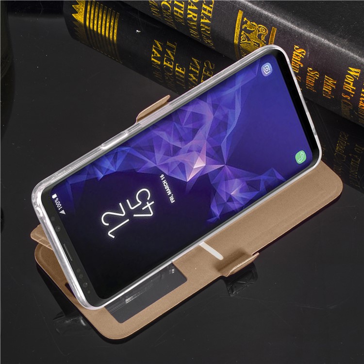 Rhombus Pattern View Window Leather Stand Phone Case for Samsung Galaxy S9 G960 - Gold-12